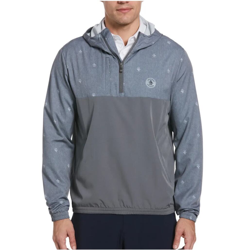 Original Penguin Mens 1/4 Zip Printed Pete Wind Hoodie Pullover Grey Size Medium